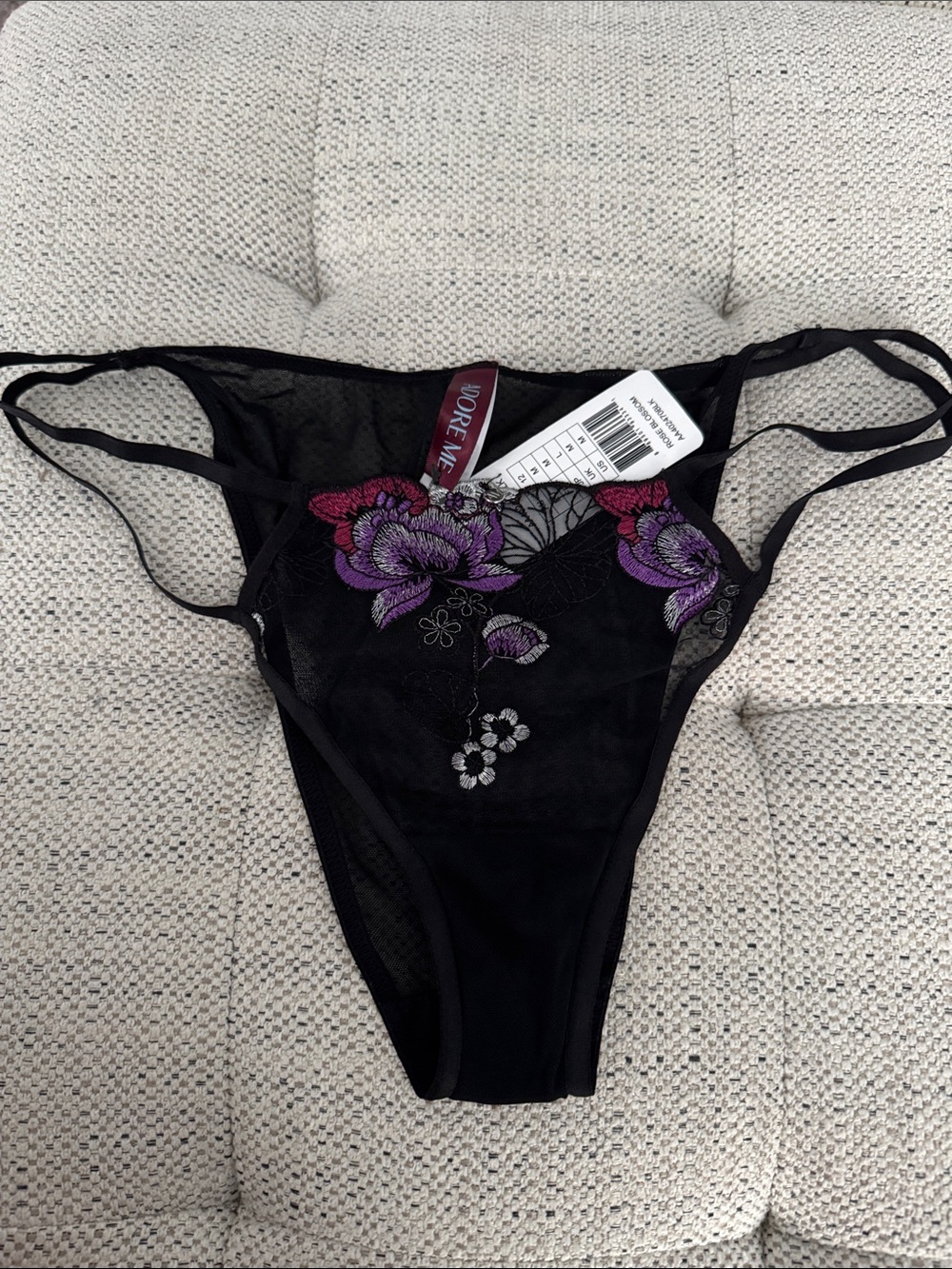 Adore Me Black Sheer Thong with Purple & Pink Floral Embroidery
